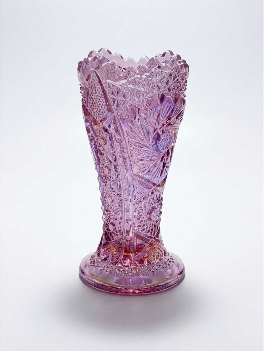 Vintage Pink Iridescent Pressed Glass Pedestal Vase 6" Floral Starburst